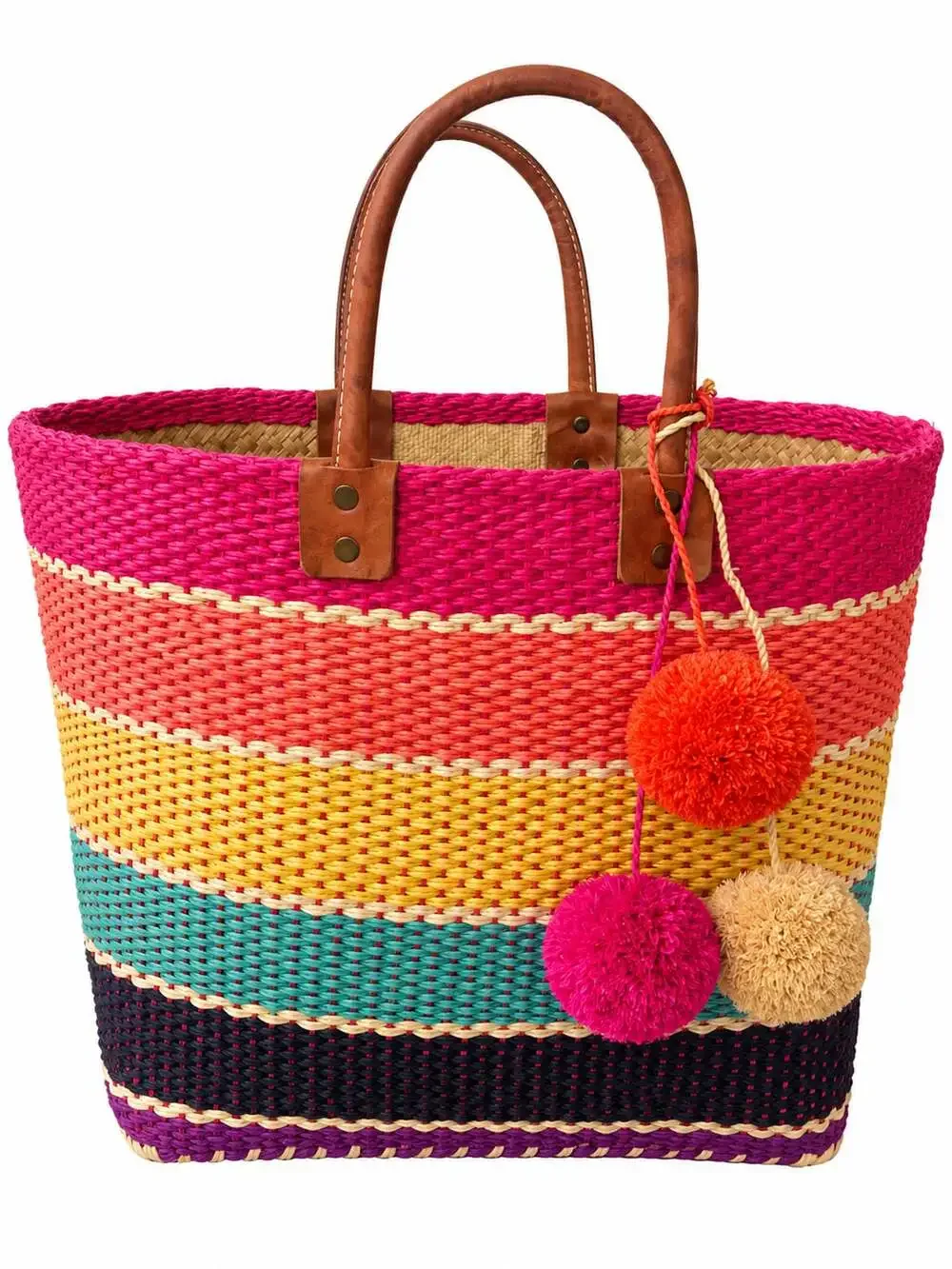 Mar Y Sol Caracas Tote Multicolored Straw Woven Bag with Pom Poms